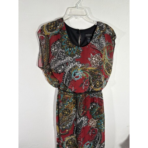 Focus Women’s Burgundy Paisley Design Sz 8 Dress Belted Sleeveless Key Hole Back - Picture 7 of 7